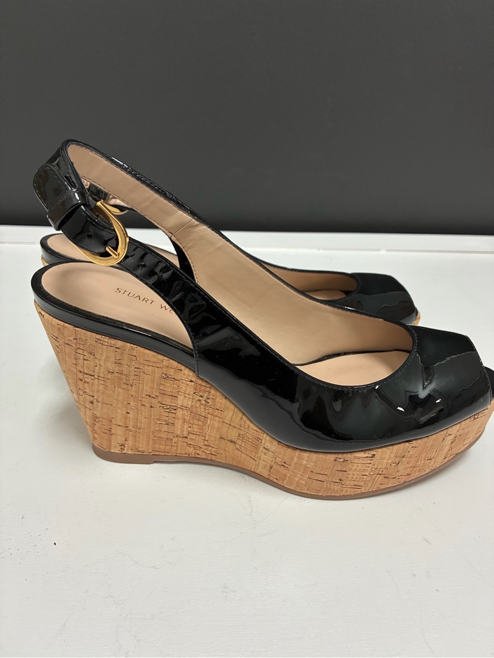 Stuart Weitzman Black Patent Cork Wedge Slingback Peep-Toe Heels - Picture 5 of 7